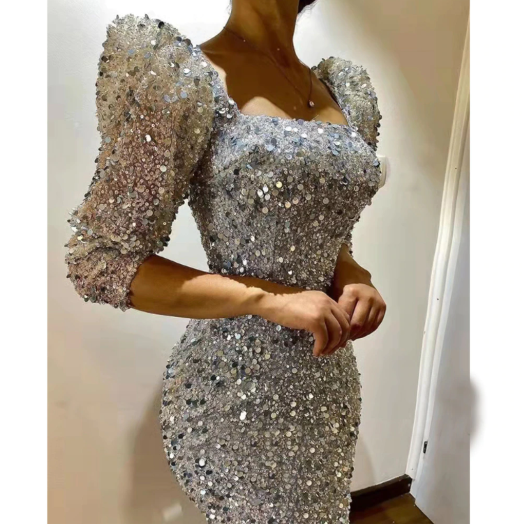 Champagne Sequin Mermaid Prom Dresses Women Formal Party Night 3/4 Sleeves Evening Gown Square Neck Elegant Vestido De Gala,BG001