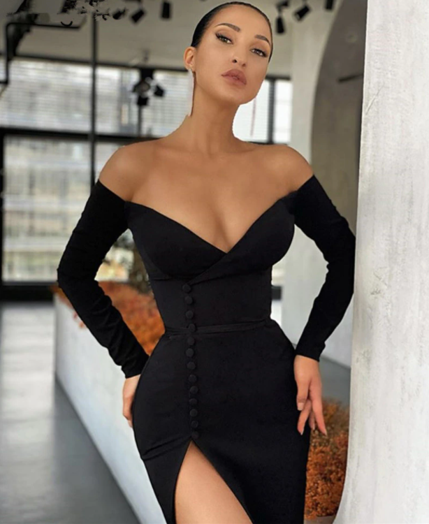 Black Mermaid Prom Dresses V-Neck Spandex Satin Side Slit Long Sleeves Evening Dresses With Zipper vestidos de fiesta de noche,BG003