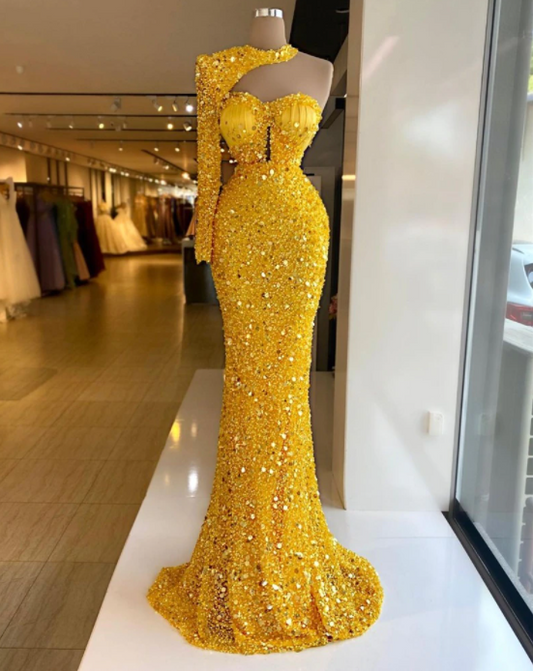 Luxury Gold Mermaid Evening Gowns Sequined Beaded Women Prom Dress With Long Sleeves Party Robe de mariée,BG010