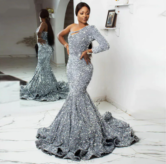 Silver Sequins Mermaid Prom Dresses Long Reception Evening Gowns African Women Formal Party Vestidos de fiesta,BG014