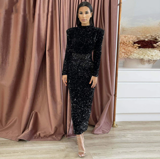 Shiny Sequins Mermaid Evening Dresses for Women Tea Length High Neck Long Sleeves Formal Prom Wedding Party Gowns,BG036