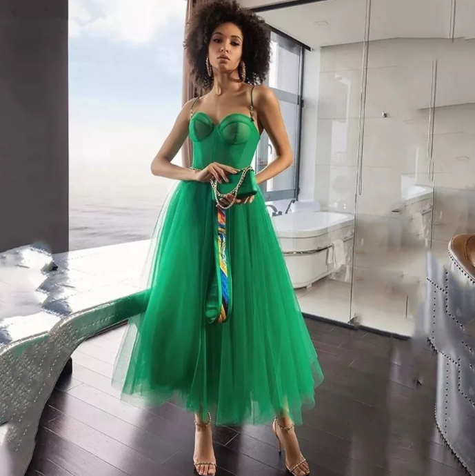 Elegant Green Prom Dresses Sweetheart Tea Length Spaghetti Strap Night Vestidos De Noite Party Gown Graduation Gown Robe,BG048