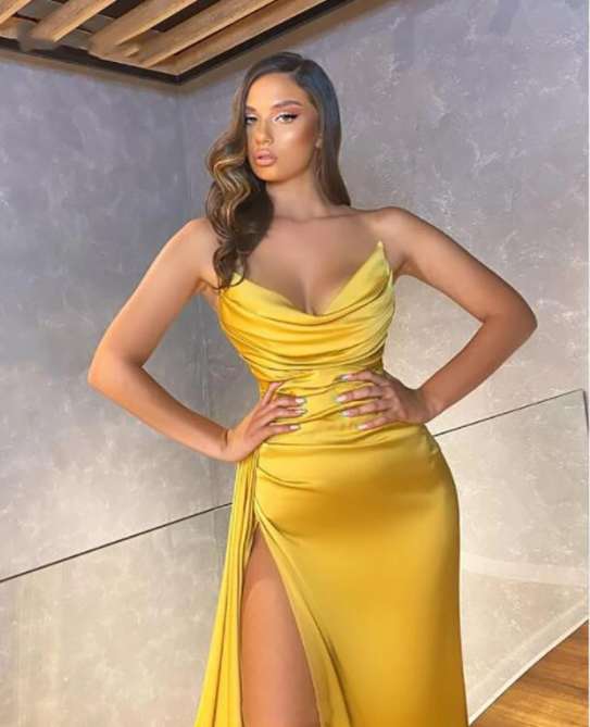 Sexy Golden V Neck Mermaid Evening Dress Strapless High Side Split Prom Dresses Dubai Celebrity Dresses Party Gowns,BG056