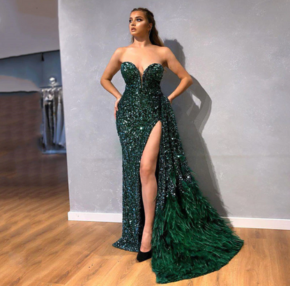 Shiny Party Night Mermaid Evening Dresses High Split Prom Gowns Feathers Train Backless Formal Party Robe De Soiree,BG057