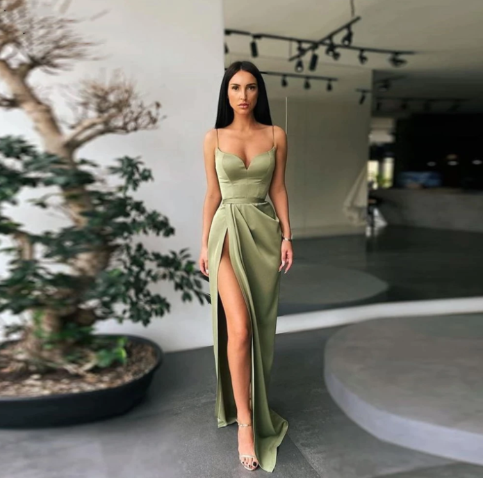 Army green Long Side Slit Sleeveless Mermaid Evening Dresses Sleeveless High Side Slit Formal Graduation Gown Dress,BG061