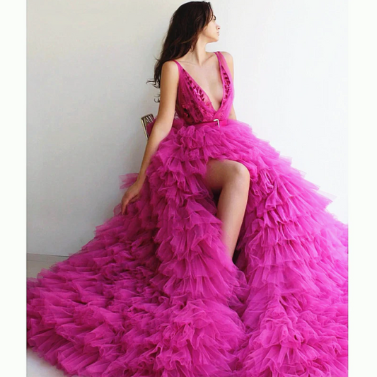 Fushcia Tiered Ruched Tulle Side Split Prom Dress V-neck Applique Arabic Vestidos De Fiesta De Noche Plus Size,BG063