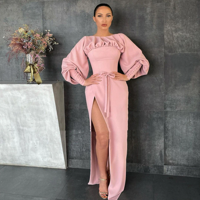 Pink Boat Neck Prom Dresses Long Sleeves High Slit Satin Evening Dresses Buttoned Cuffs Sheath Formal Party Dresses,BG064