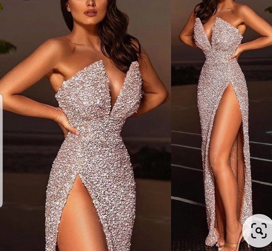 Long fitted deep v neck sequins dress,wedding reception gown, shimmery prom dresses,high slit bridal dress,African women party dress