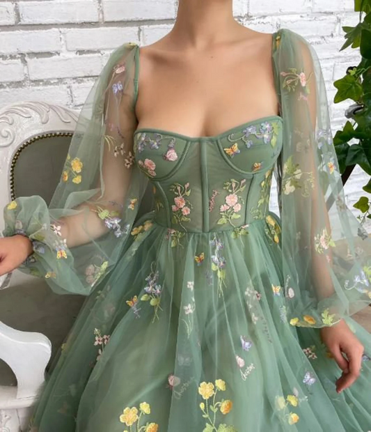 Green Tulle Prom Dress, Sweetheart Neckline Dress, Long Sleeves Embroidered Prom Dress, Flower Dress Ankle Length Dress, Tulle Prom Dress