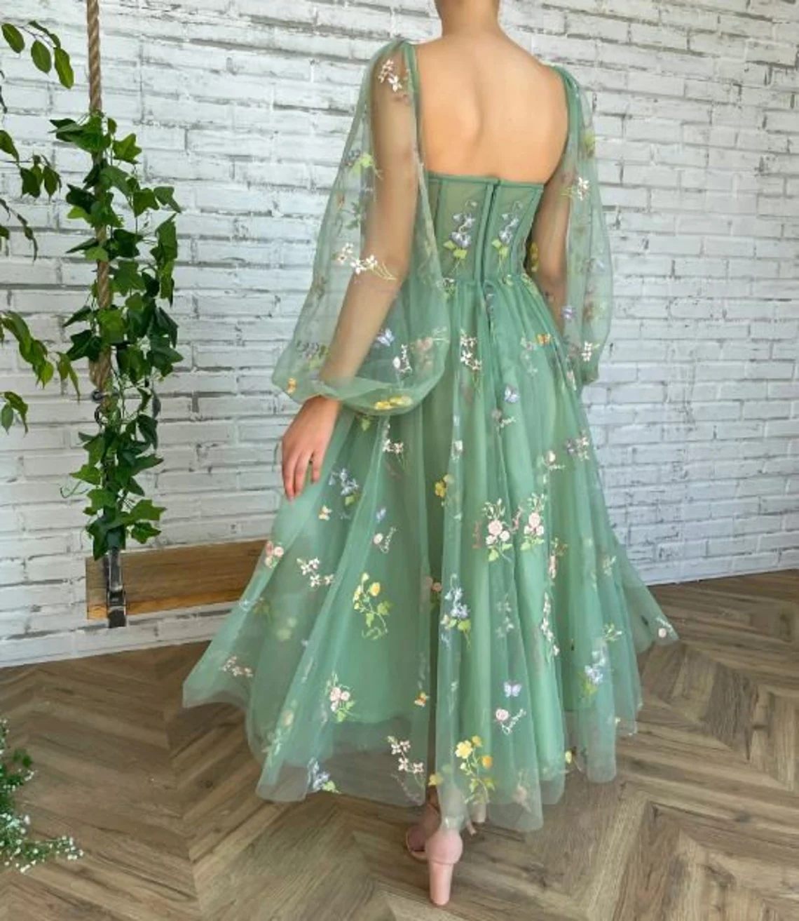 Green Tulle Prom Dress, Sweetheart Neckline Dress, Long Sleeves Embroidered Prom Dress, Flower Dress Ankle Length Dress, Tulle Prom Dress