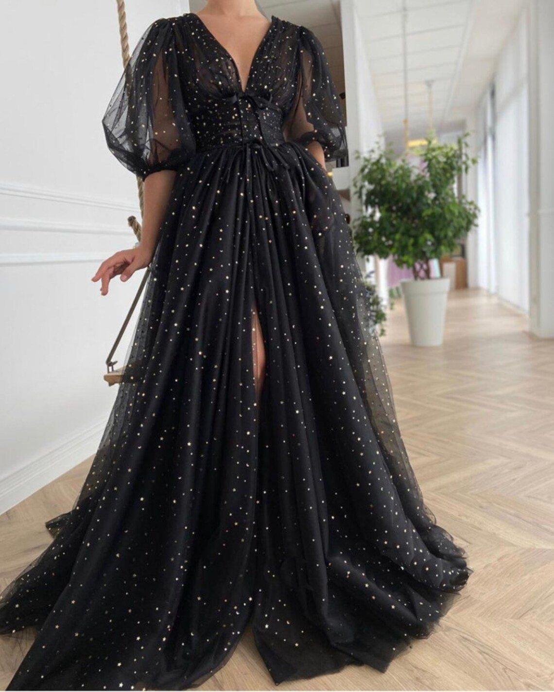 Starry Black Tulle Prom Dress, Starry Tulle Mesh Dress, Plus Size Prom Dress, Graduation Party Dress, Formal Ball Gown