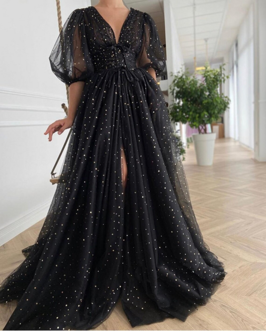 Starry Black Tulle Prom Dress, Starry Tulle Mesh Dress, Plus Size Prom Dress, Graduation Party Dress, Formal Ball Gown, Bridesmade Dress