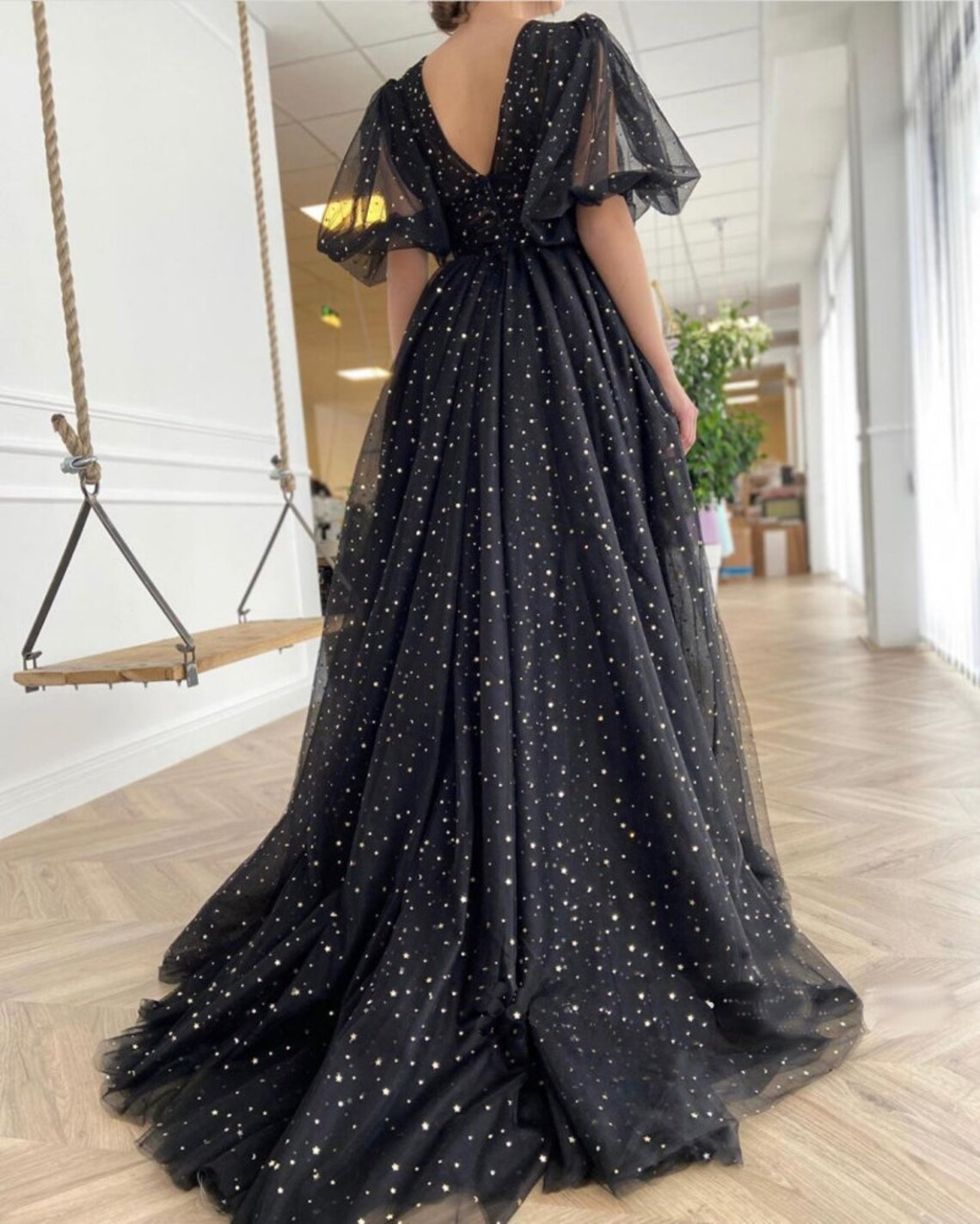 Starry Black Tulle Prom Dress, Starry Tulle Mesh Dress, Plus Size Prom Dress, Graduation Party Dress, Formal Ball Gown