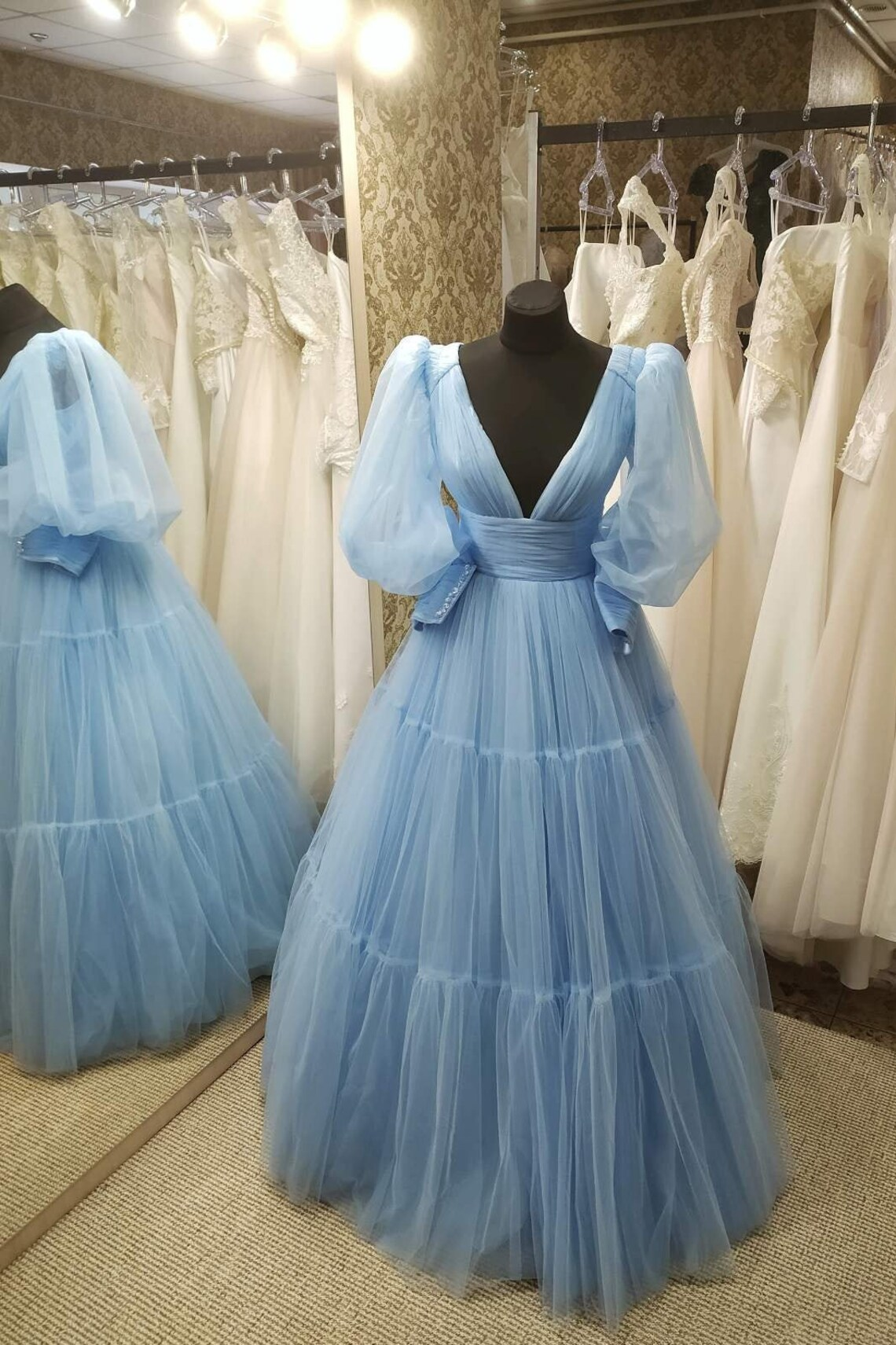 Blue Tulle Prom Dress, Party Dress, Elegant Evening Dress, The Lantern Sleeve Dress