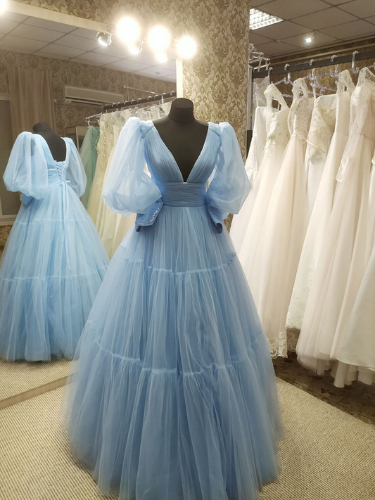 Blue Tulle Prom Dress, Party Dress, Elegant Evening Dress, The Lantern Sleeve Dress