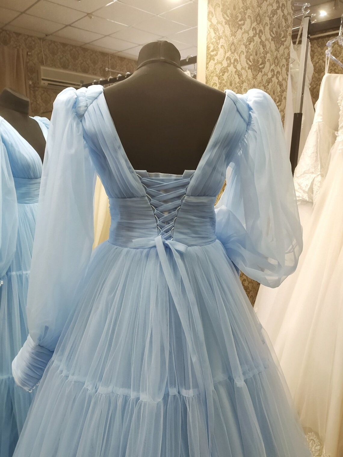 Blue Tulle Prom Dress, Party Dress, Elegant Evening Dress, The Lantern Sleeve Dress