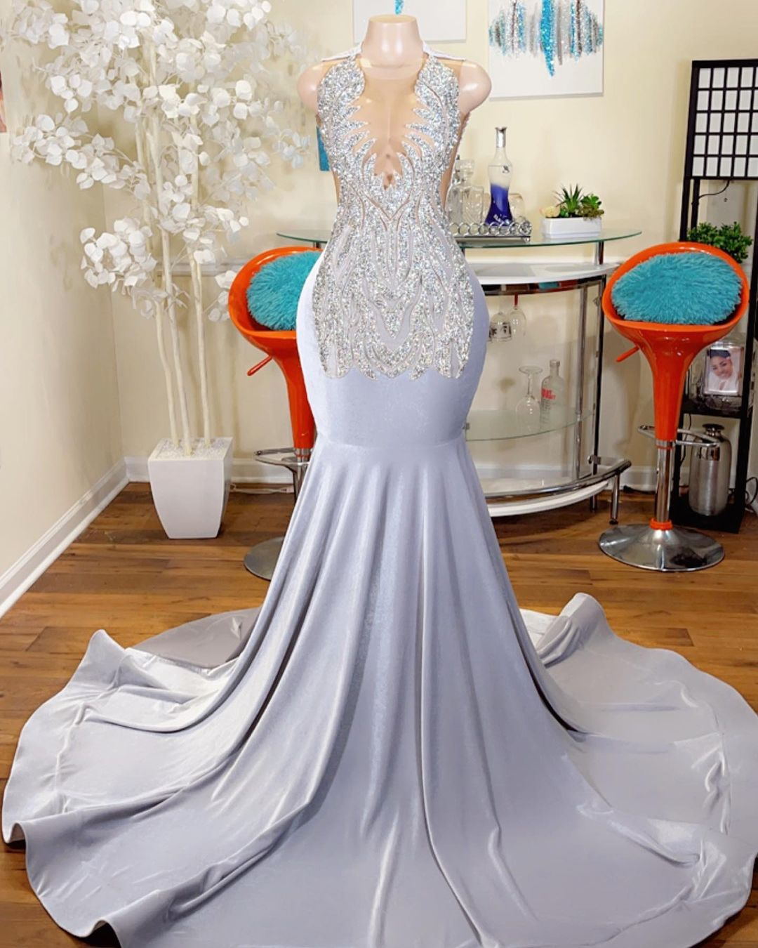 Long Prom Dresses 2023 Sexy Mermaid Style Luxury Beaded Diamond Black Girl Silver Prom Party Formal Gowns