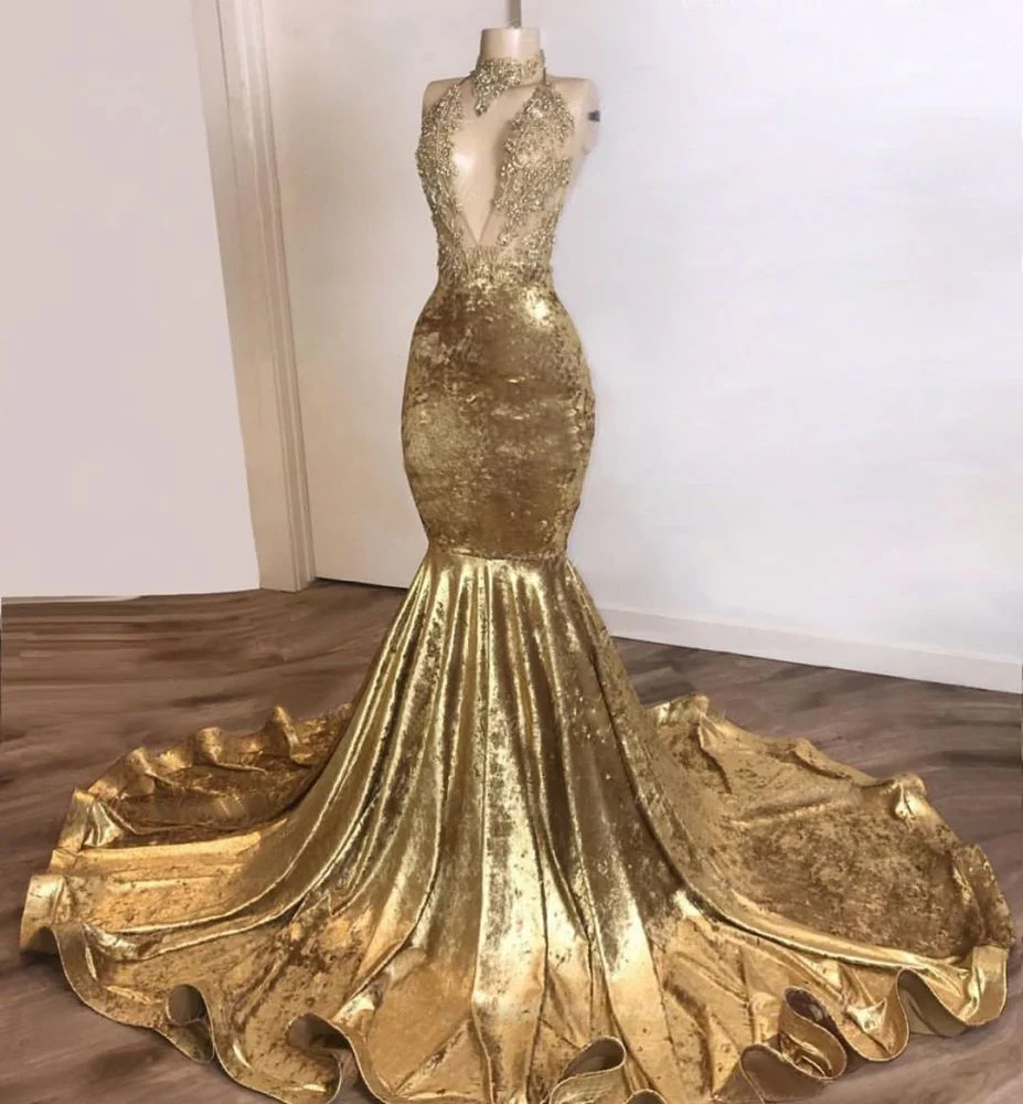 SHINNING CHAMPAGNE GOLD DEEP V-NECK COURT TRAIN MERMAID PROM DRESSES