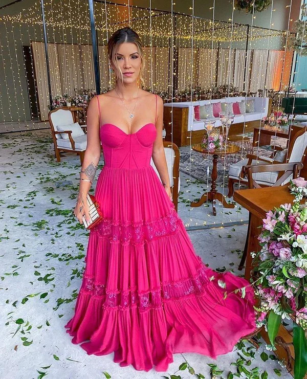 Hot Pink A-Line Spaghetti Straps Chiffon Long Prom Dresses