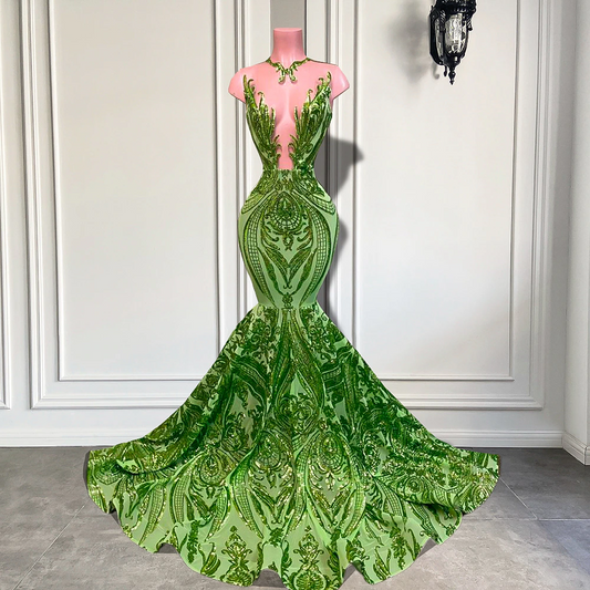 Long Sparkly Prom Dresses Sexy Mermaid Style Sheer O-neck Mint Green Black Girl Prom Gala Party Gowns