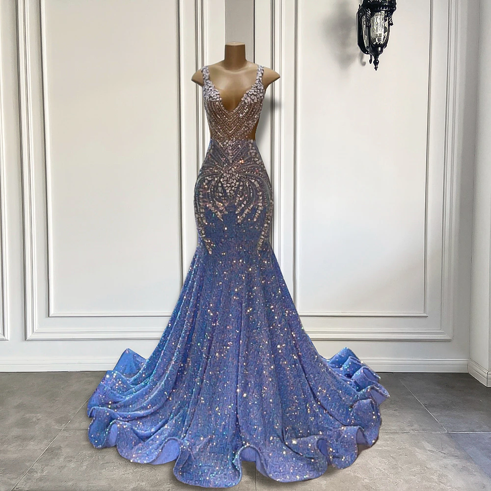 Luxury Long Prom Dresses 2023 Sparkly Mermaid Style Silver Crystals Light Blue Black Girls Prom Party Gowns