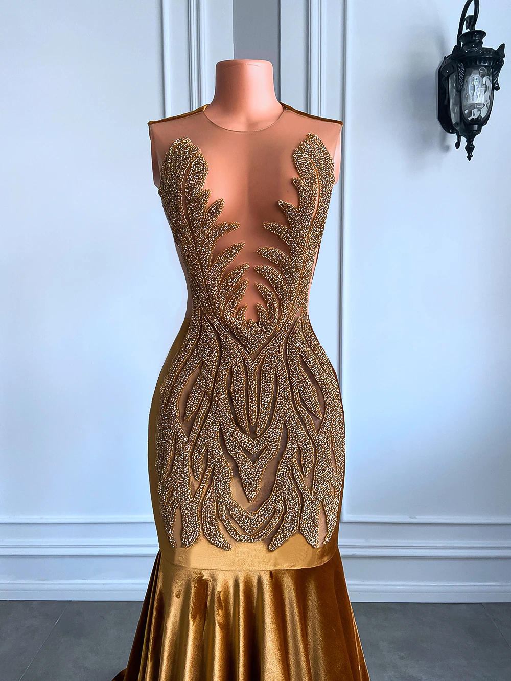 Long Gold Prom Dresses 2023 Real Picture Sheer Top Luxury Sparkly Diamond Velvet Black Girl Mermaid Prom Party Gala Gowns