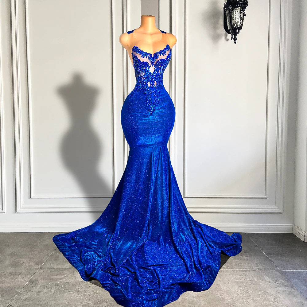 Royal Blue Long Prom Dresses 2023 Luxury Beaded Embroidery Sexy Mermaid Style Black Girl Prom Gala Party Gowns