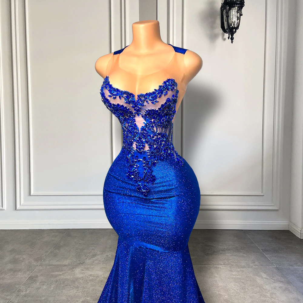 Royal Blue Long Prom Dresses 2023 Luxury Beaded Embroidery Sexy Mermaid Style Black Girl Prom Gala Party Gowns