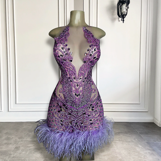 New Luxury Sparkly Purple Diamond Women Birthday Party Gowns Feather Mini Short Prom Dresses 2023 For Black Girls