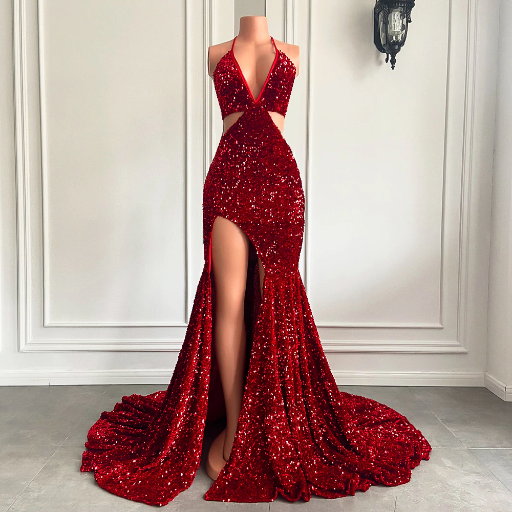 Long Sexy Prom Dresses 2023 Mermaid High Slit Halter Sparkly Red Sequin African Black Girls Prom Gala Party Gowns