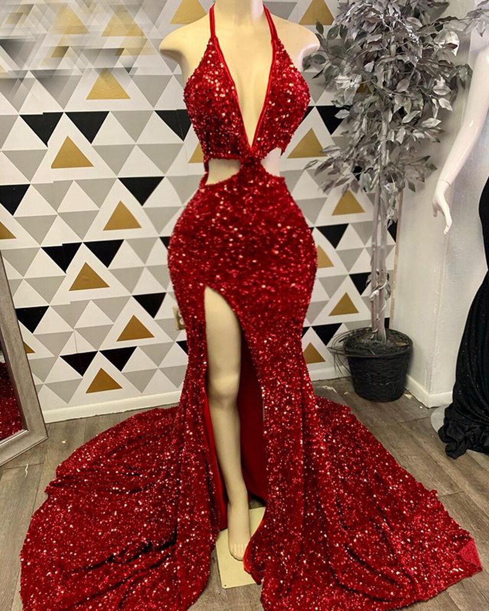 Long Sexy Prom Dresses 2023 Mermaid High Slit Halter Sparkly Red Sequin African Black Girls Prom Gala Party Gowns