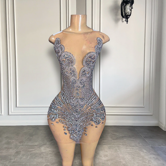 Sparkly Silver Crystals Luxury Diamond Women Birthday Party Gowns Sexy Sheer Mesh Black Girl Mini Short Prom Dresses