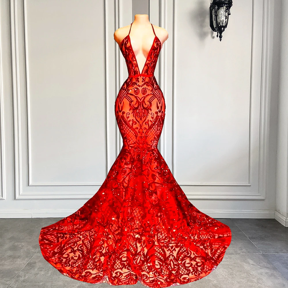 Long Sexy Prom Dress 2023 Halter Mermaid Style Backless Sparkly Red Sequin Black Girls Prom Gala Gowns