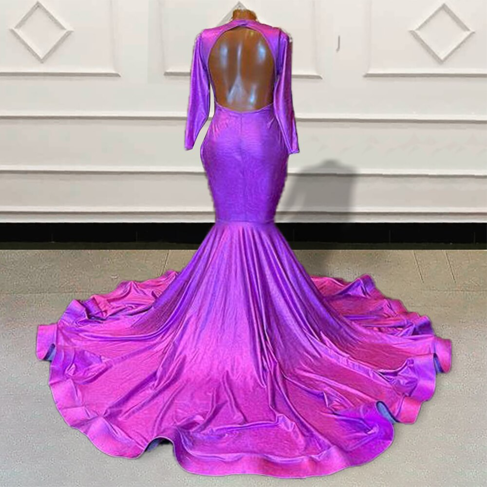 Glitter Beaded Purple Mermaid Long Prom Dresses 2023 for Graduation Party Full Sleeves Backless Women Custom Formal Evening Gown