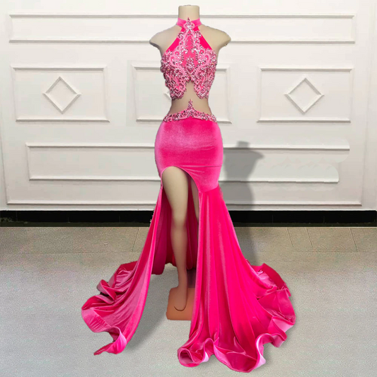 Sexy Pink Mermaid Long Prom Dresses with Slit 2023 Glitter Crystals Diamond Women Formal Velvet Evening Gowns for Birthday Party