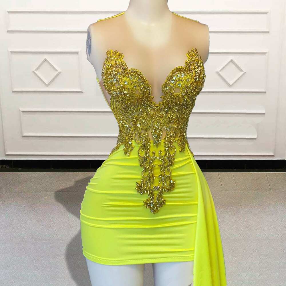 Glitter Beaded Crystal Diamond Short Prom Dresses 2023 Yellow Sleeveless Sexy Black Girls Mini Cocktail Gowns for Birthday Party