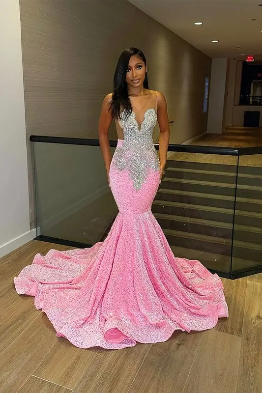 Luxury Pink Sequin Mermaid Long Prom 2023 For Black Girl Beads Crystals Birthday Party Gowns Formal Evening Dress فساتين السهرة