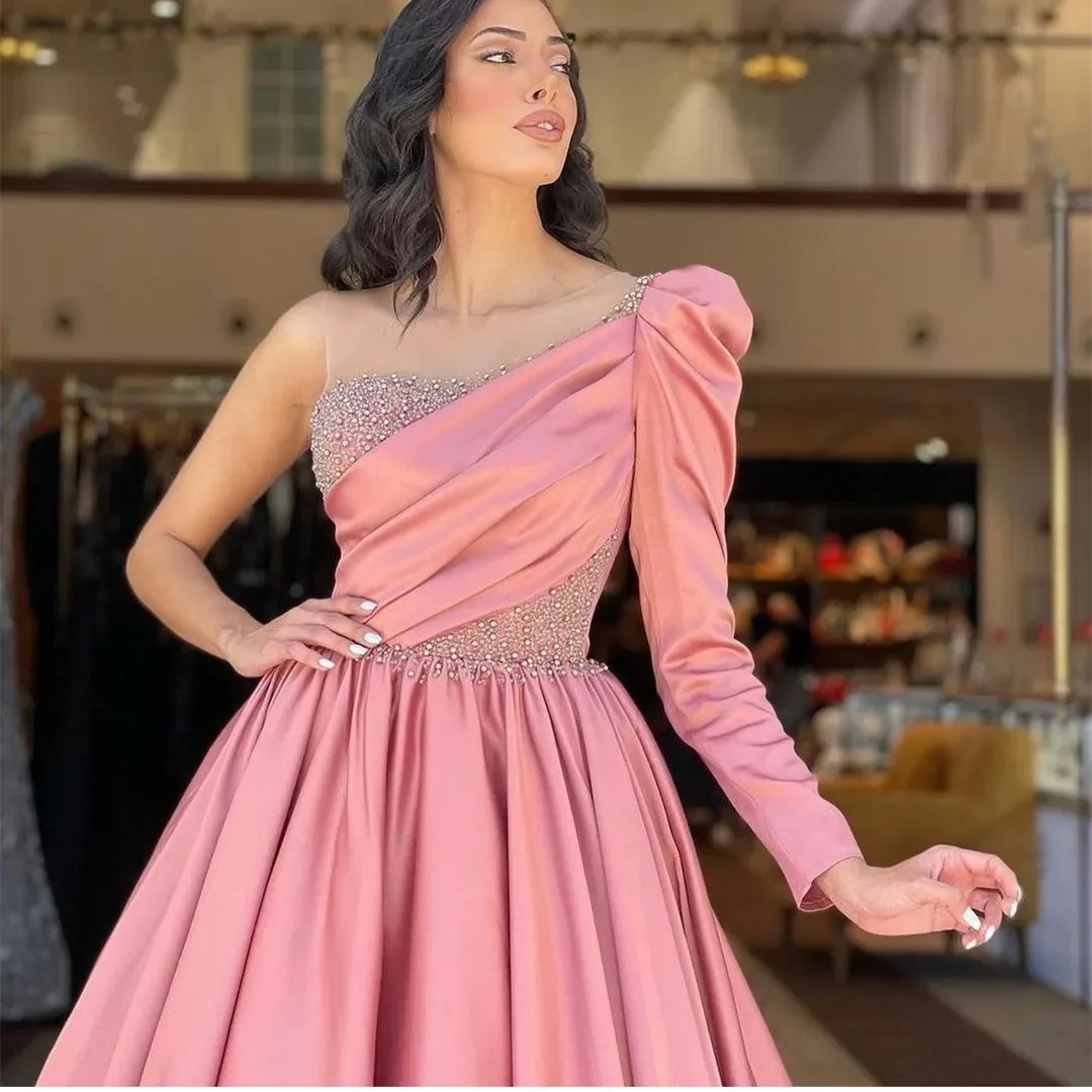 One Shoulder Long Sleeve Pink Satin Prom Dresses 2024 Pleat A Line Sweep Train Robes De Soirée Evening Party Vestidos De Noche