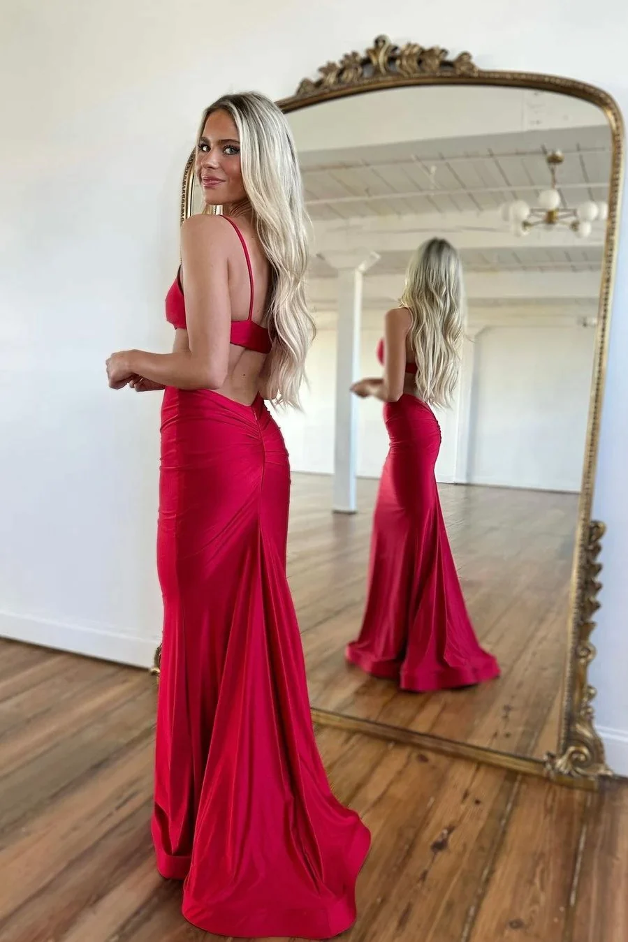 Prom Dress Simple Red Spaghetti Strap Long Mermaid Gown