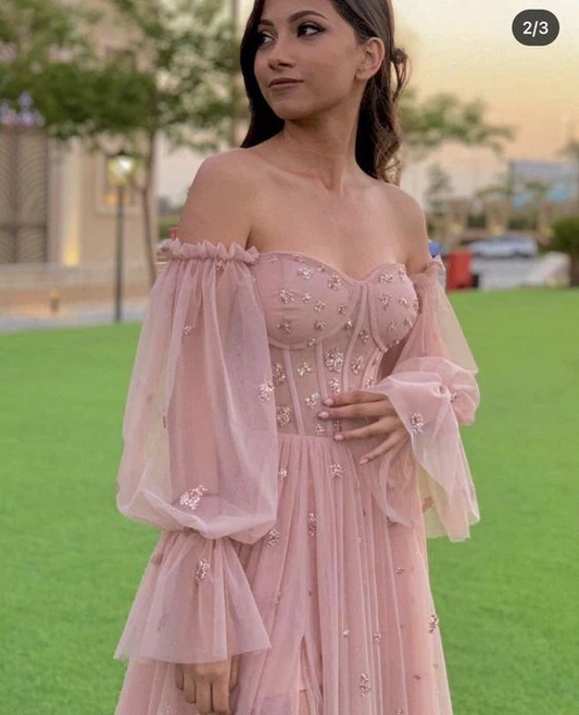 Pink Tulle Sweetheart Neck Long Sleeves Prom Dress Evening Dress