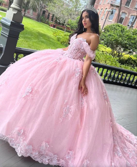 Pink Off The Shoulder Tulle Ball Gown Sweet 16 Prom Dress Quinceanera Dress