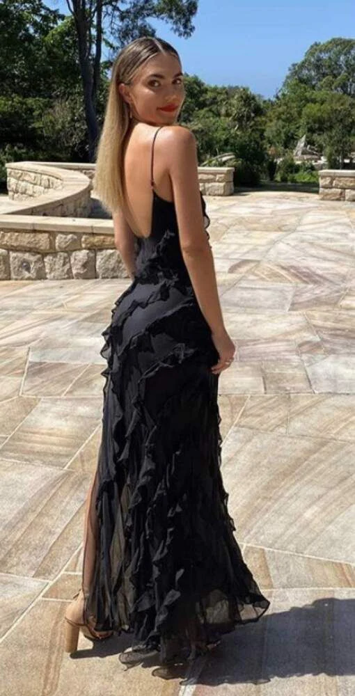 Sexy Backless Straps Black Chiffon Ruffles Slit Prom Dress Party Dress