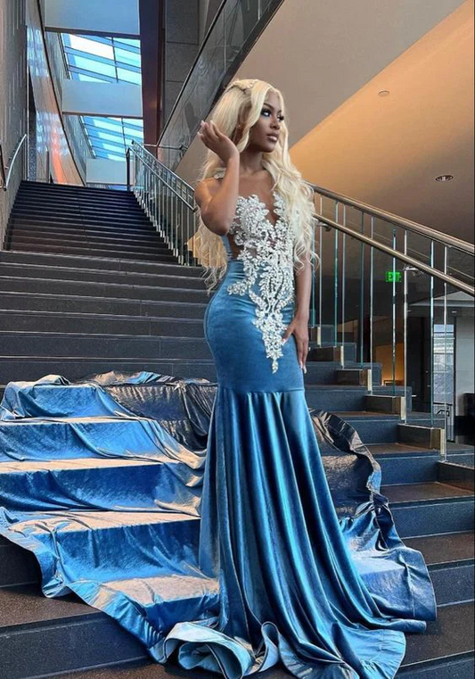 Blue Velvet Appliques Bead Meemaid Long Prom Dress Formal Evening Dress