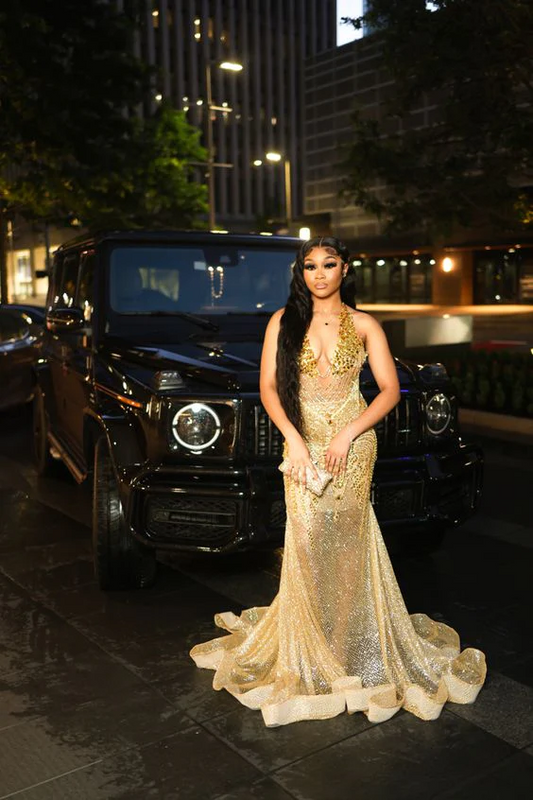 Golden Dresses Party Women 2025 Halter Crystal Sequin Mermaid Evening Gowns Lace Luxury Birthday Party Outfits Customized