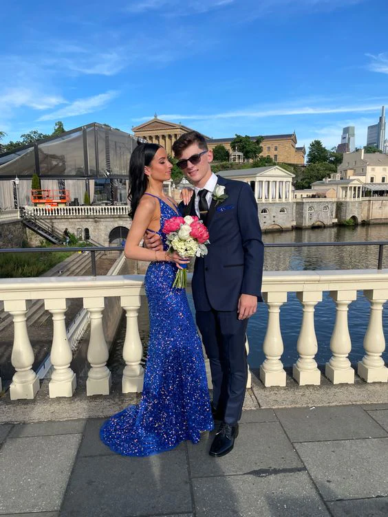 Shiny Royal Blue Sequins Mermaid Evening Dress Long Prom Dress