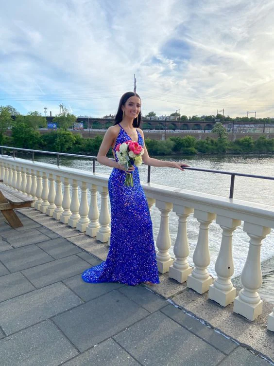 Shiny Royal Blue Sequins Mermaid Evening Dress Long Prom Dress