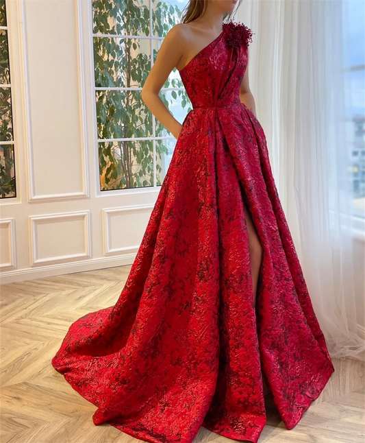 Luxury A-line 2024 Elegant Red Chic Women Printing Flower Prom Dresses Long One Shoulder Ball Gown Glitter Formal Evening Party