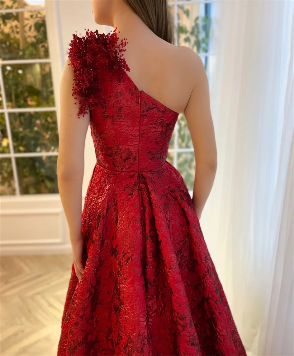 Luxury A-line 2024 Elegant Red Chic Women Printing Flower Prom Dresses Long One Shoulder Ball Gown Glitter Formal Evening Party