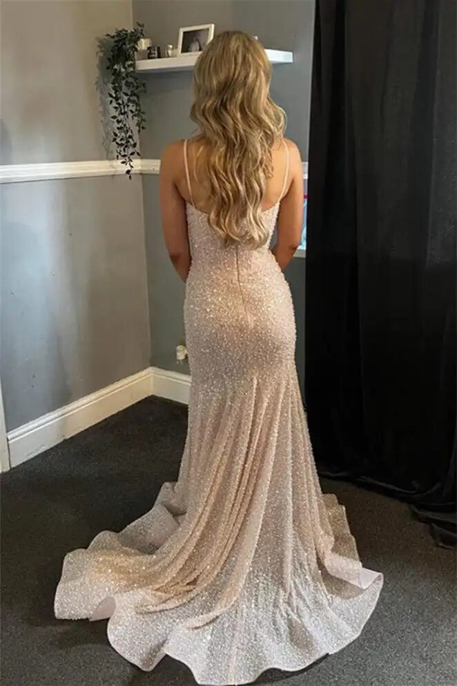 Champagne Beaded Prom Dresses Sparkly Sweetheart Spaghetti Strap Mermaid Long Sweep Train Formal Party Evening Gown Custom made