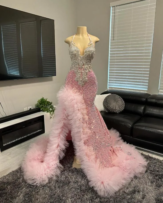 Peach Pink Mermaid Prom Dress for Women 2024 Sparkly Crystal Ruffles Velvet Black Girl Birthday Party Gown vestidos de gala